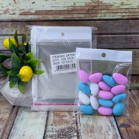 مجموعة (100كيس) تغليف شفاف مع تعليقة وشريط لاصق حجم 10*12 سم