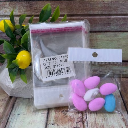 مجموعة (100كيس) تغليف شفاف مع تعليقة وشريط لاصق حجم 8*10 سم