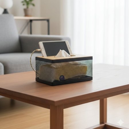 علبة محارم معدن غطاء خشب مع حامل جوال