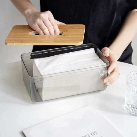 علبة مناديل اكريليك بغطاء خشبي