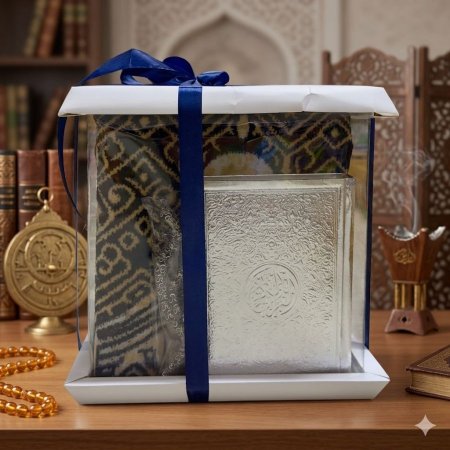 بكج سجادة صلاة+مصحف+مسبحة بعلبة