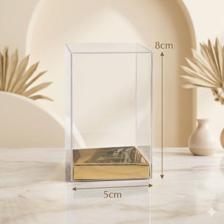 علب توزيعات شفاف مع قاعدة ذهبية 5*8 cm