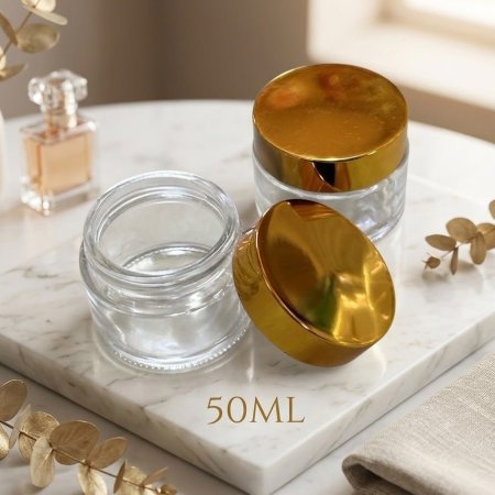 علب كريمات زجاج فارغ 50 مل غطا ذهبي