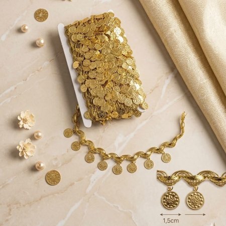 شريط كلفة 12 يارد مزين بليرات ذهبية 1.5 cm
