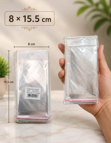(100كيس) شفاف مع لاصق وتعليقة حجم 8*15.5 cm