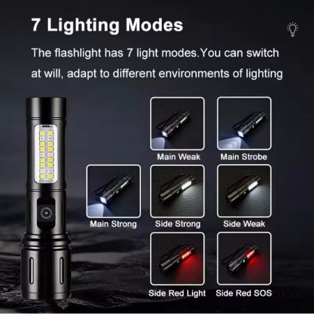 كشاف يدوي يتميز ب7 وضعيات إضاءة قابل للشحن